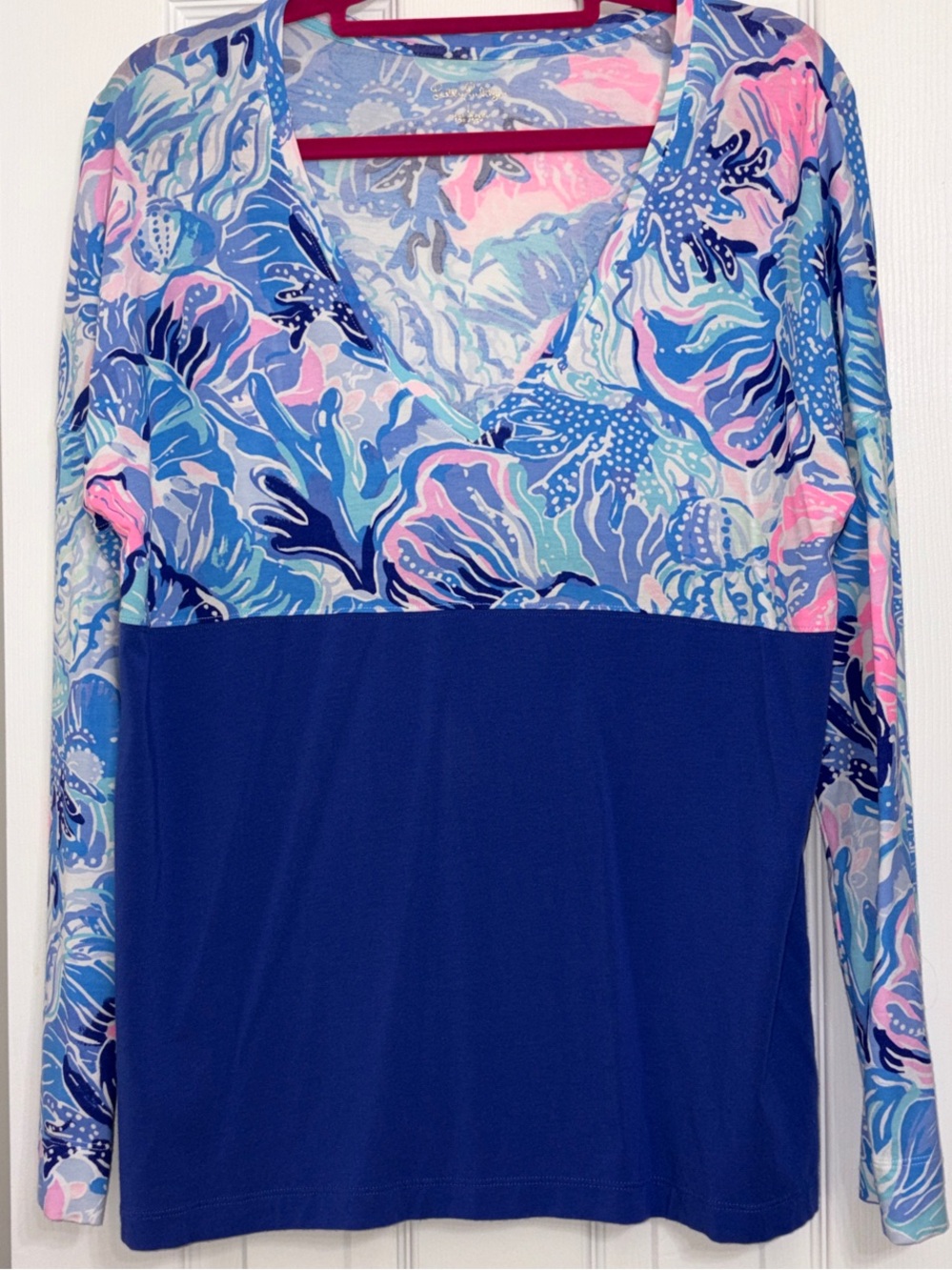 Lilly Pulitzer Long Sleeve V-Neck Women’s Lightweight Top with Blue Coral Print